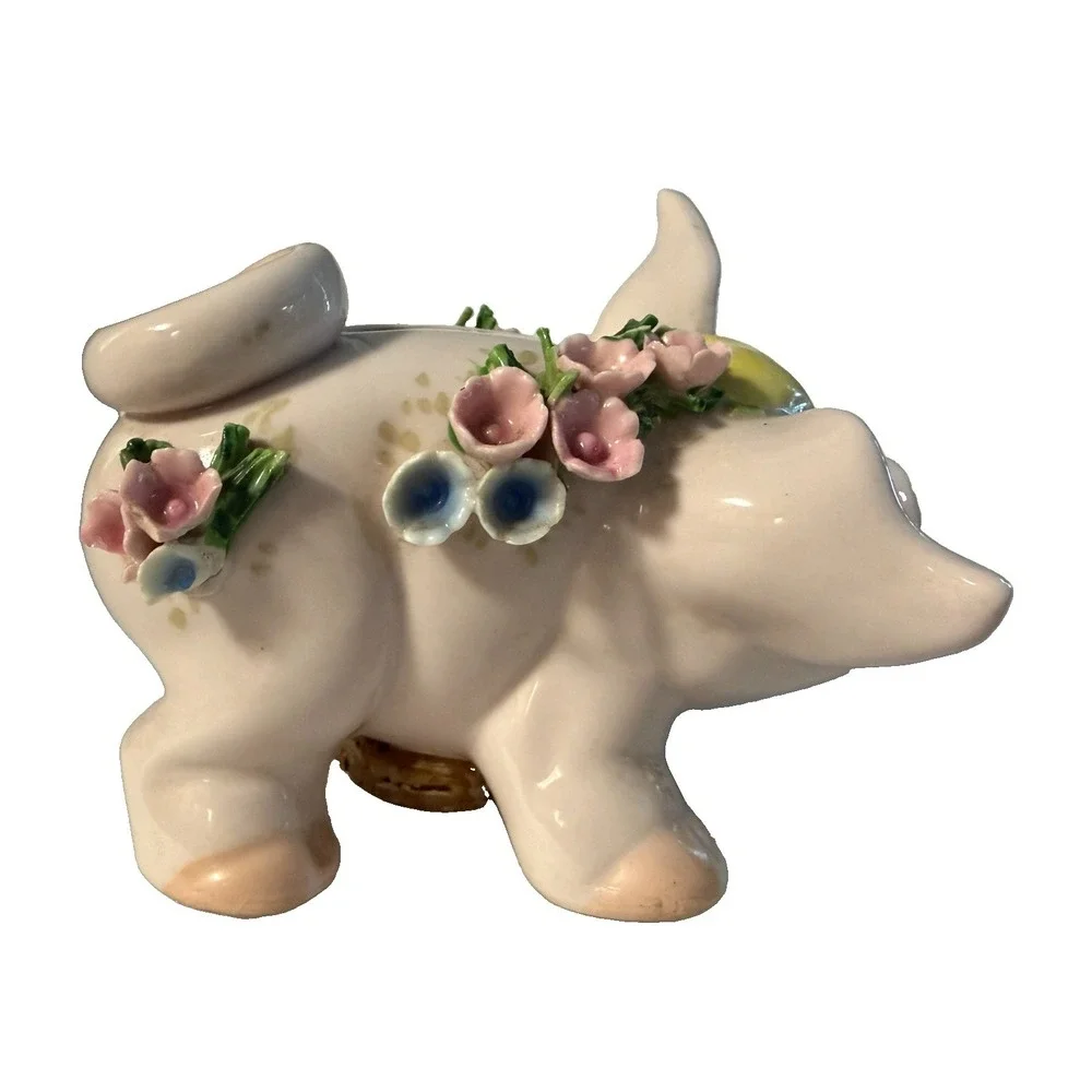 Vintage Lefton Japan Piggy Bank Applied Porcelain Flowers Pink Pig Coin Bank